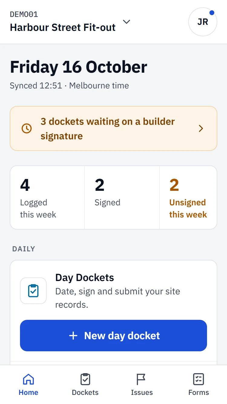 TradeControl site home on a phone: today’s job, dockets waiting on a builder signature, and the new day docket button