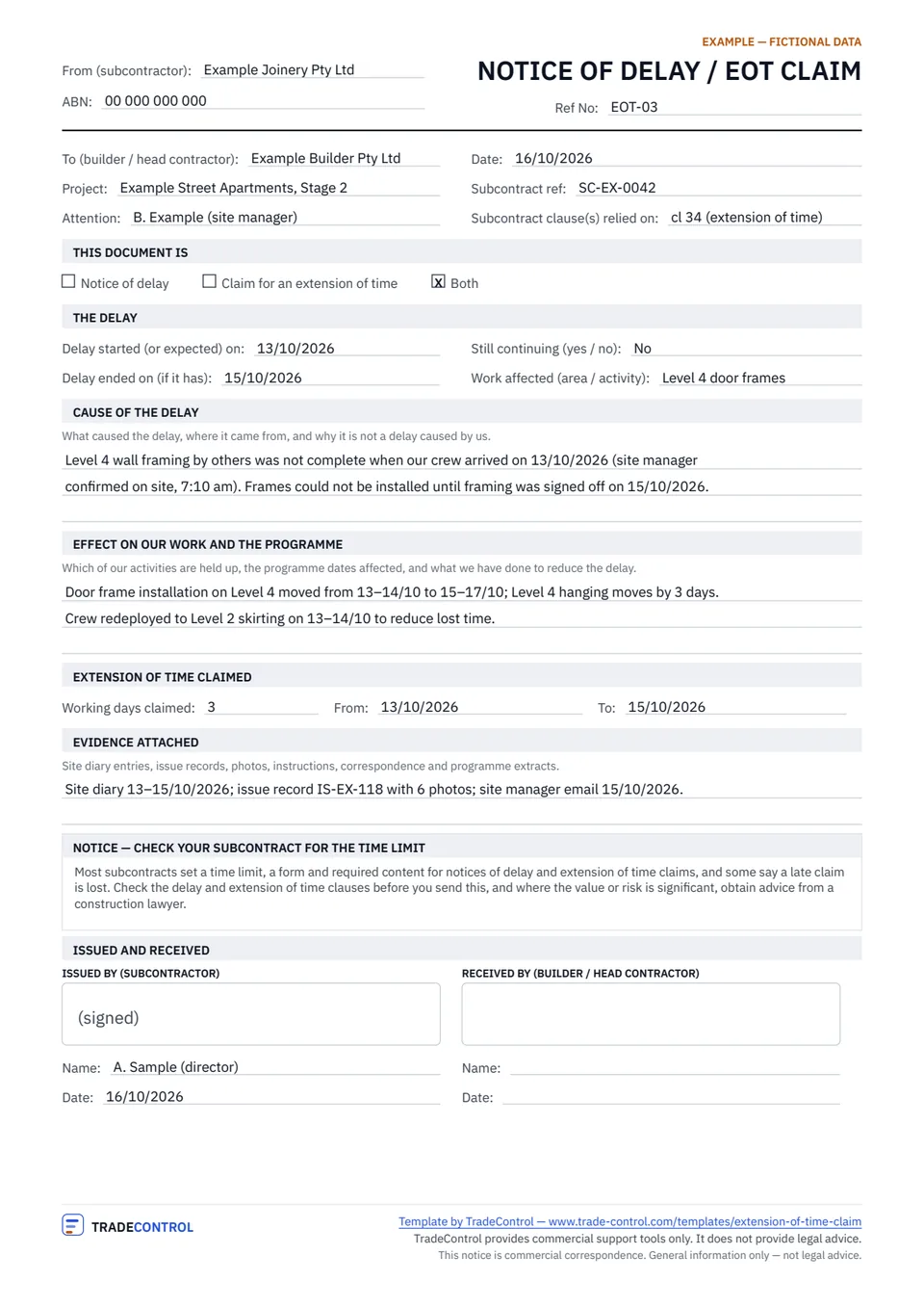 Filled example of the extension of time claim template, page 1