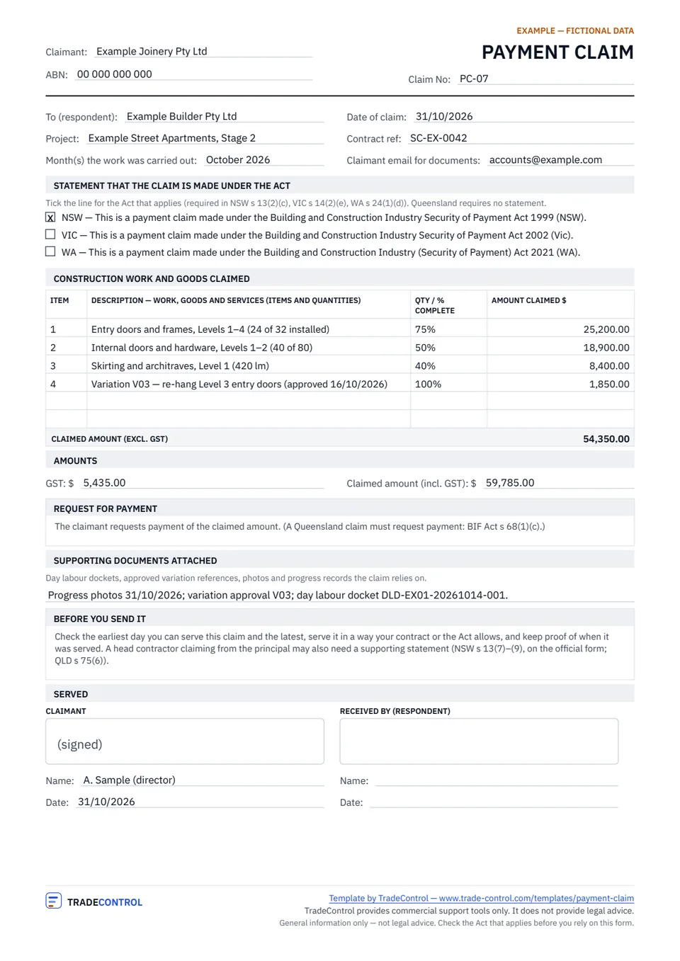 Filled example of the payment claim template, page 1