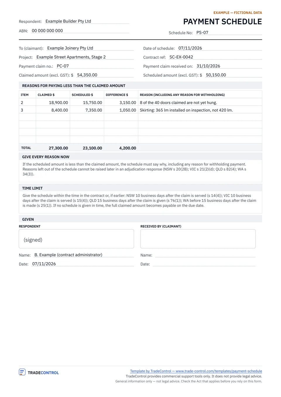 Filled example of the payment schedule template, page 1