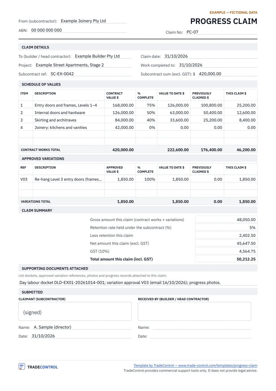 Filled example of the progress claim template, page 1